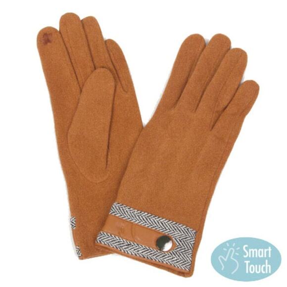 Women's Fall Winter Gloves Camel & Herringbone Faux Cashmere Touch Screen - Picture 1 of 5
